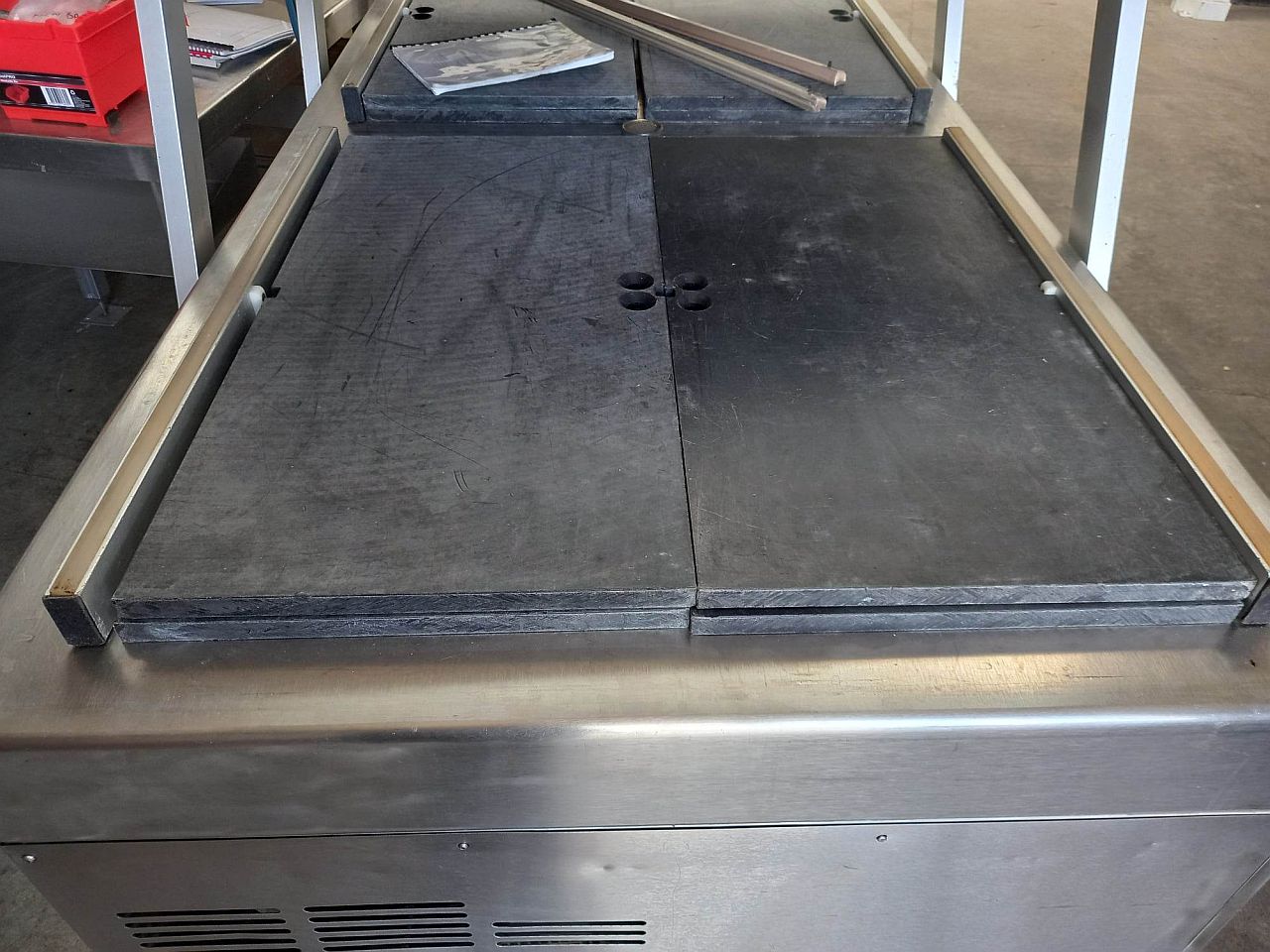 Used Stainless Swing Lid Twin Chamber Vacuum Packer with Modified Air